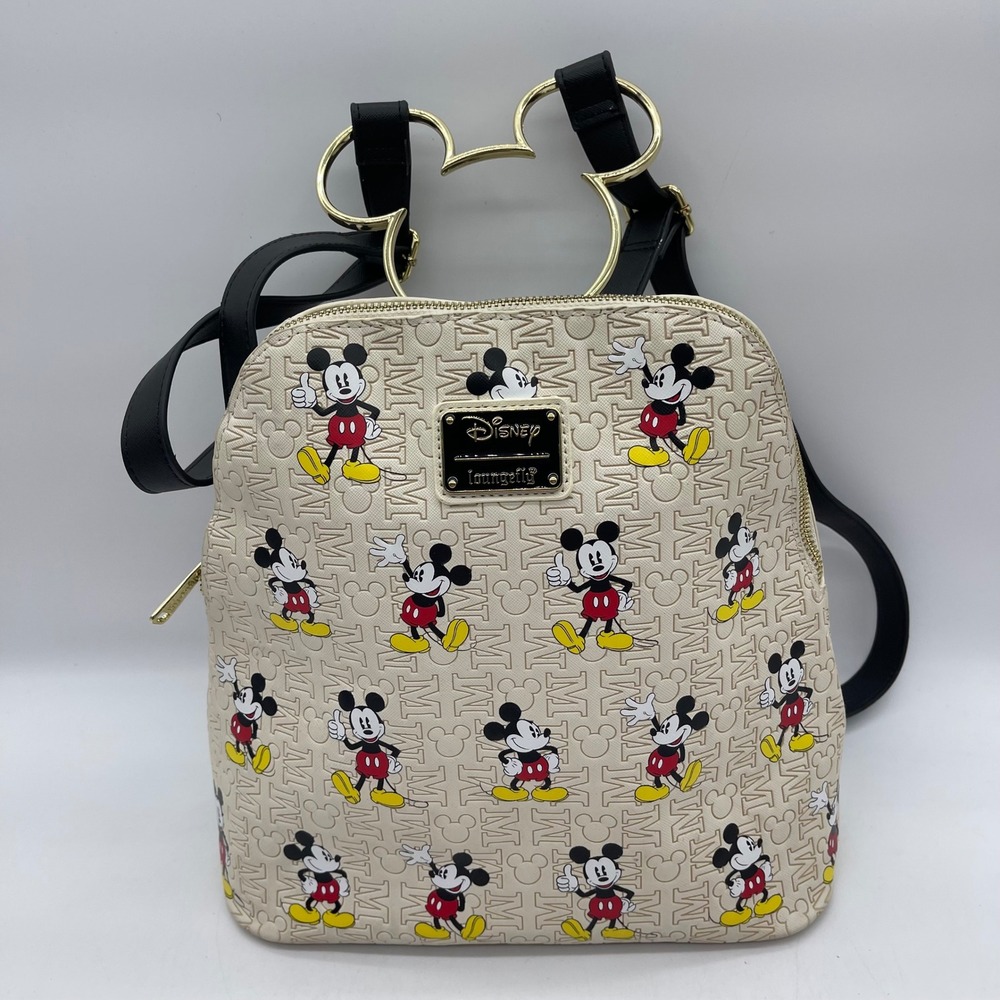 Disney Loungefly Mickey Mouse Hardware Mini Backpack Gold Metal Ears Head Cream
